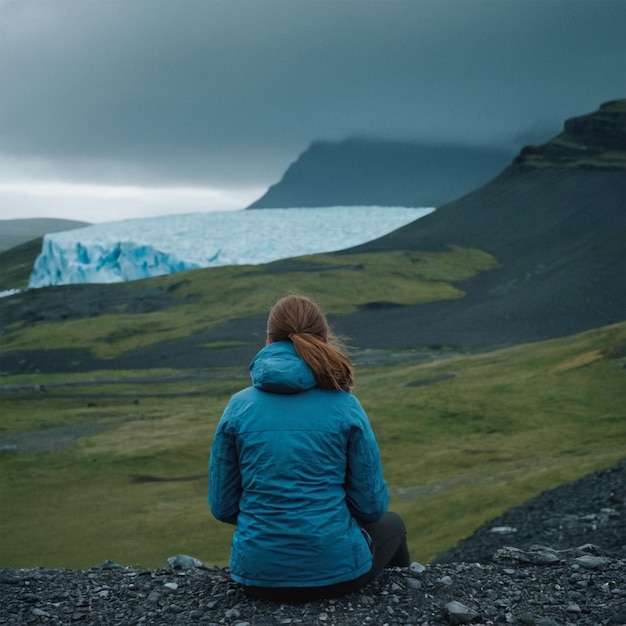 a woman sits on a mountain with a blue jacket on