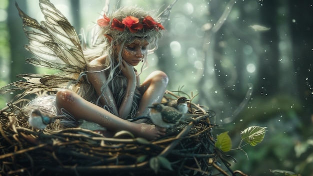 a woman sits in a nest with a bird in her hand