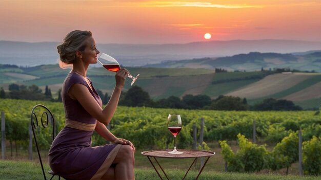 Photo a woman sits on a patio with a glass of wine and a glass of wine