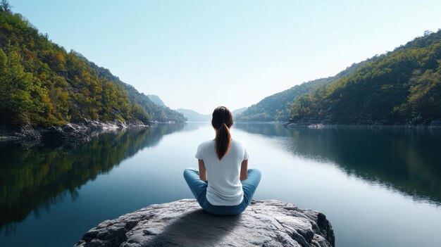 Photo a woman sits peacefully meditating on a rock by a calm lake surrounded by nature and mountains promoting mindfulness and relaxation