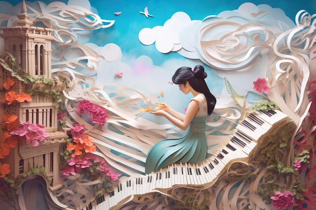 A woman sits on a piano with a piano in the background.