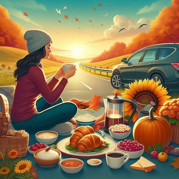 a woman sits on a picnic table with a car and a sunflower