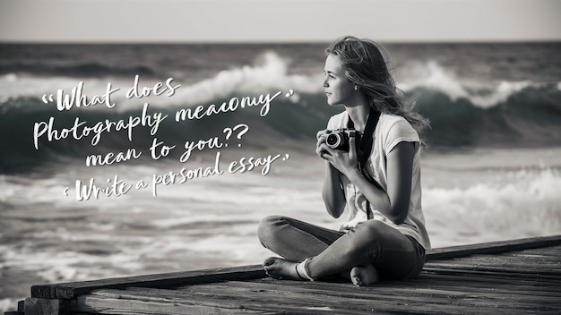 Photo a woman sits on a pier holding a camera and the words quot do not know what to do quot