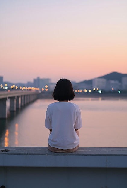 a woman sits on a pier with the sun setting behind her