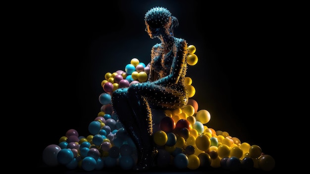 A woman sits on a pile of balloons in the dark.