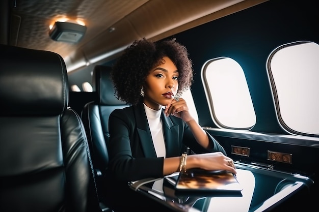 A woman sits in a plane with a tablet in her lap