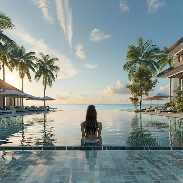 Photo a woman sits in a pool with palm trees in the background