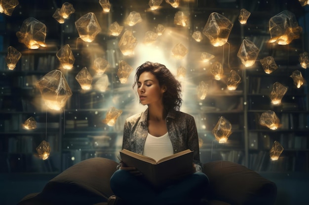 Woman sits and reads book glowing signs fly above Inspiration from reading educational knowledge