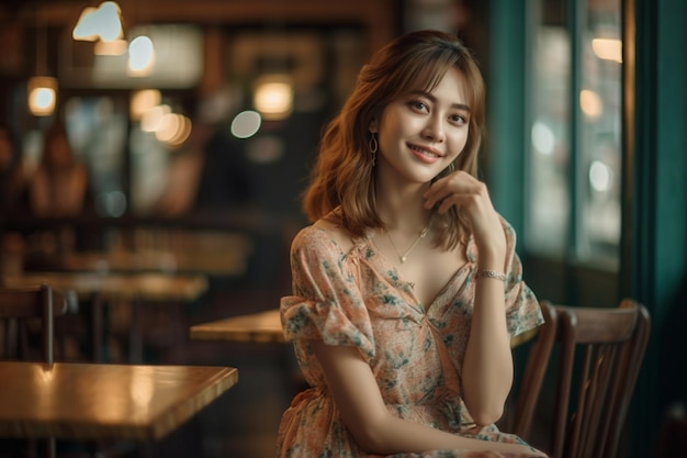 A woman sits in a restaurant with a pink floral dress and smiles at the camera.