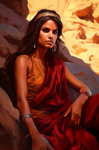 A woman sits on a rock in a blue dress and wears a red hood