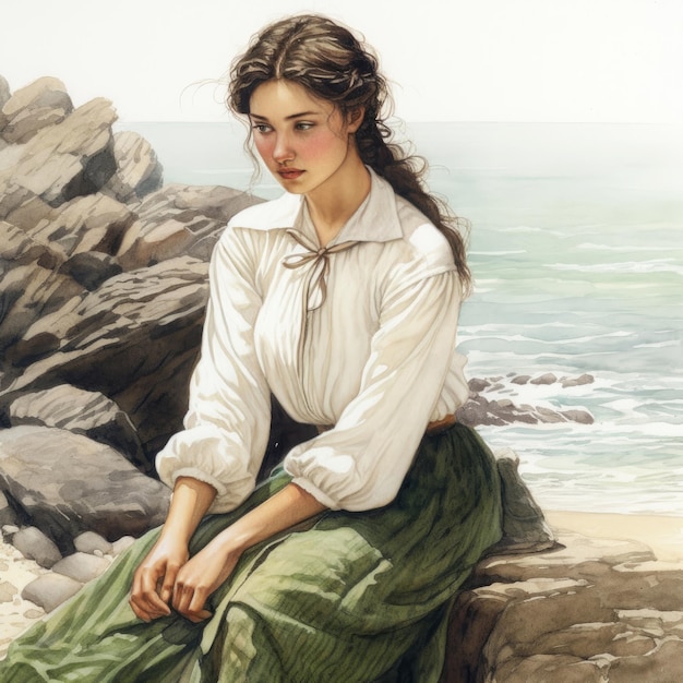 A woman sits on a rock by the ocean.