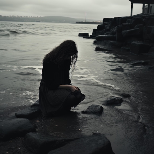 Photo a woman sits on a rock by the water