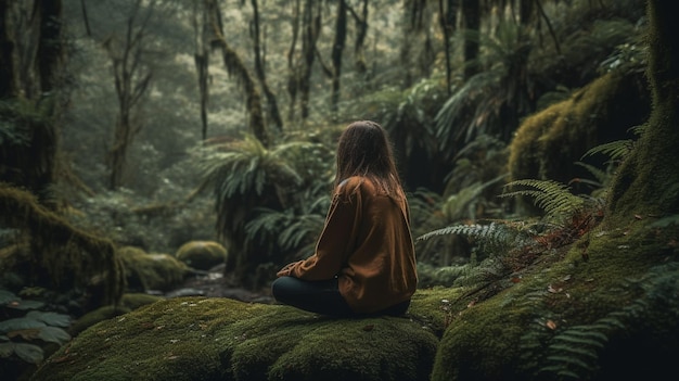 A woman sits on a rock in a forest, meditating.