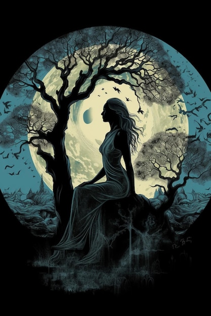 A woman sits on a rock in front of a full moon.