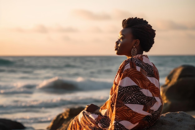 A woman sits on a rock looking out to sea.