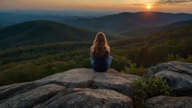 Photo a woman sits on a rock looking at the sunset