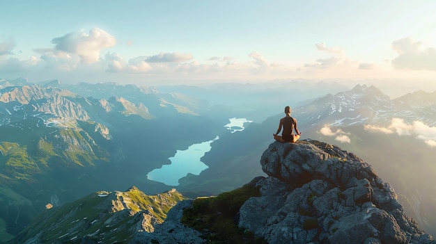 A woman sits on a rock and meditates in the mountains She is wearing a black tank top and black shorts