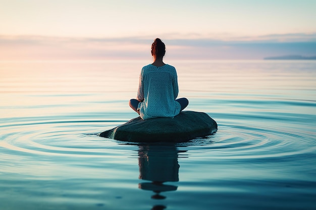 A woman sits on a rock in the ocean, meditating.