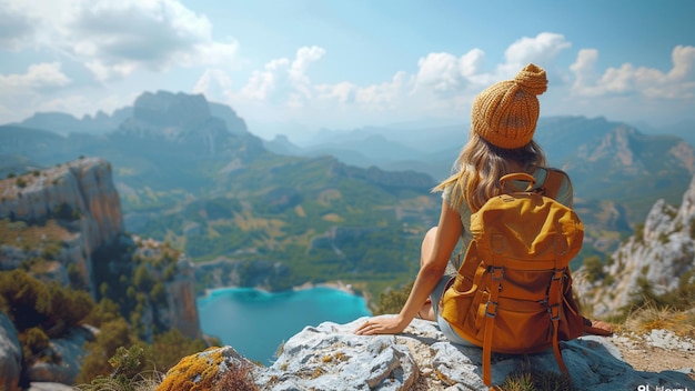 a woman sits on a rock overlooking a lake and mountains