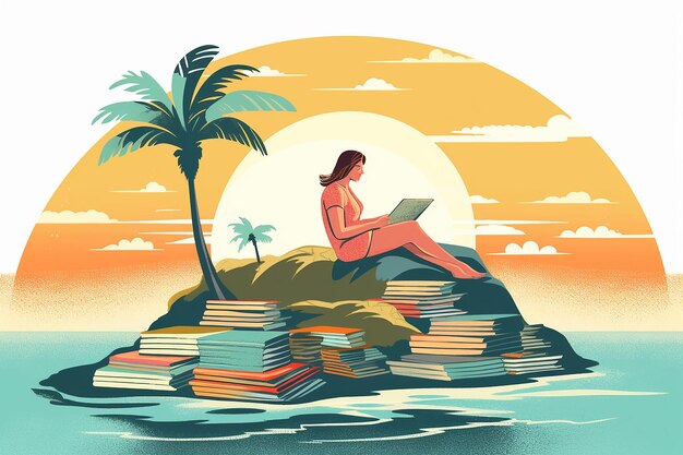 Photo a woman sits on a rock reading a book with a palm tree in the background