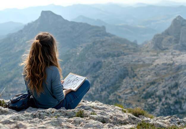 Photo a woman sits on a rock reading a book