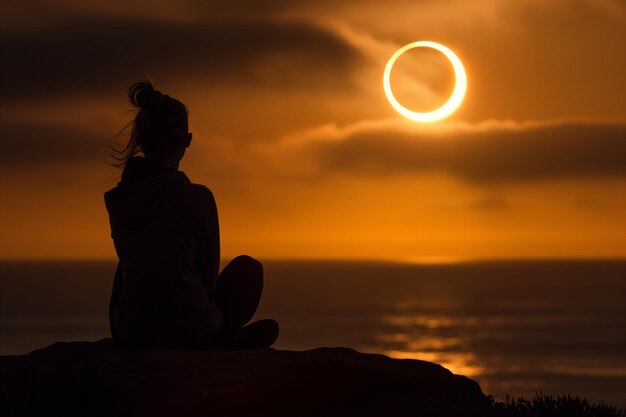 Woman sits on rock watching eclipse over ocean as sunlight fades into afterglow