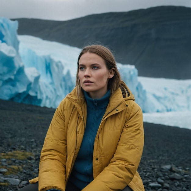 a woman sits on a rocky beach with icebergs in the background