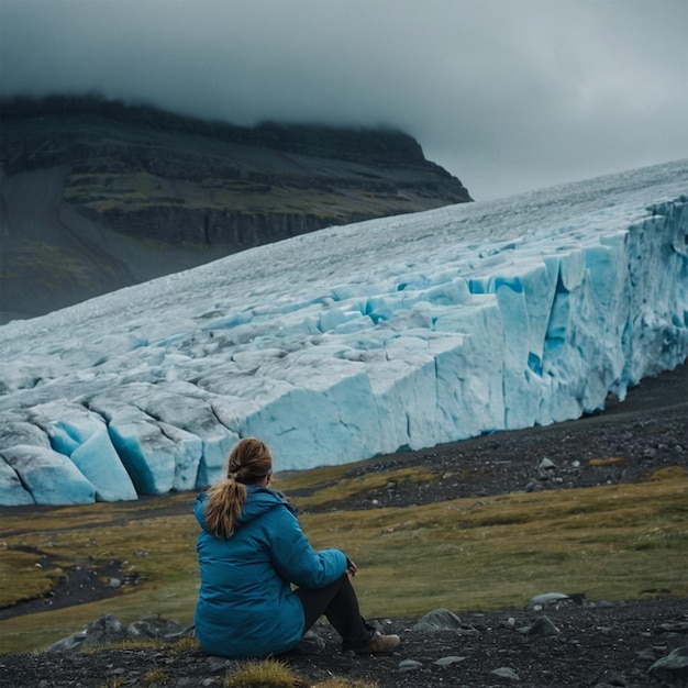 Photo a woman sits on a rocky ground in front of a glacier