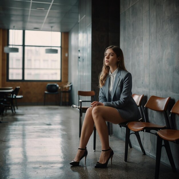 a woman sits in a room with a wall behind her