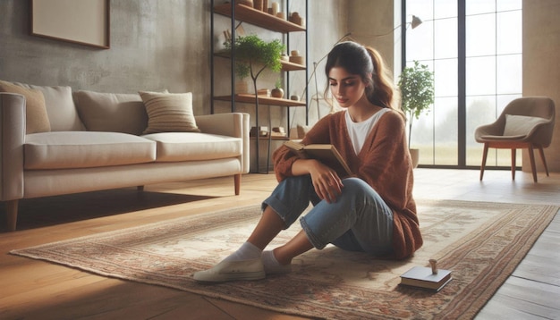 a woman sits on a rug and reads a book