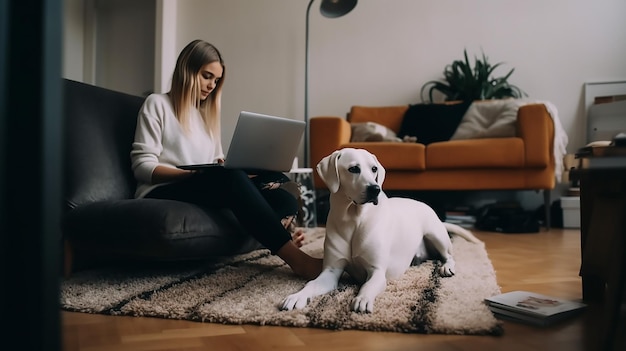 A woman sits on a rug with a dog next to her.