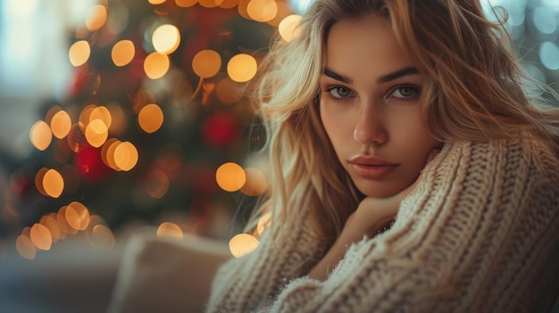 A woman sits on a sofa near a Christmas tree and is sad because she is alone and does not have many friends during the holidays She needs psychological support during this time