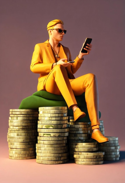 a woman sits on a stack of coins with the word quot l quot on it