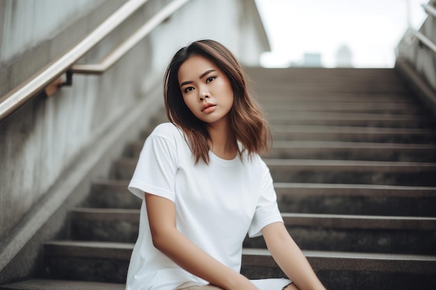 A woman sits on a staircase wearing a white shirt that says'i'm a girl '