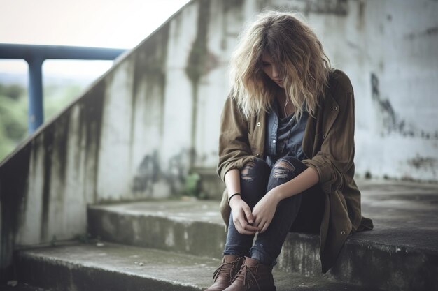 A woman sits on a step with her hands on her knees.