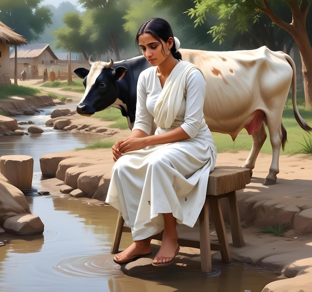 a woman sits on a stool next to a cow