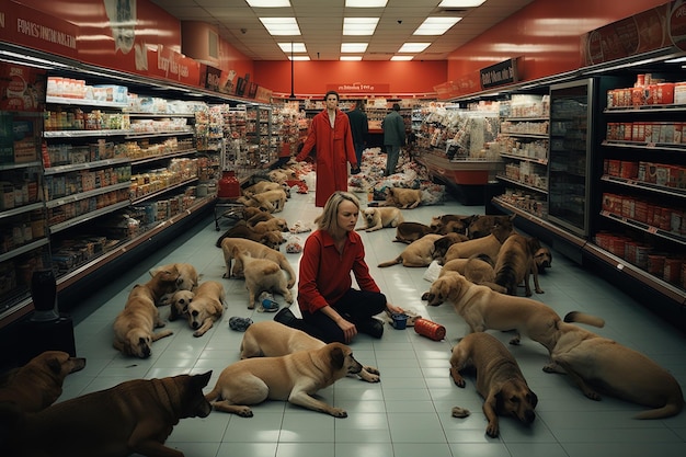 Photo a woman sits in a store with dogs in front of her