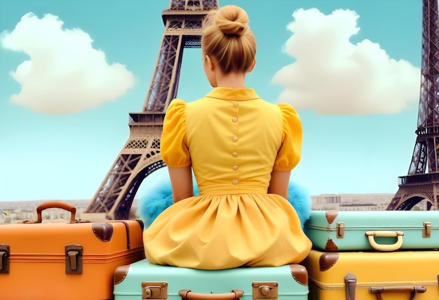 Photo a woman sits on suitcases with the eiffel tower in the background