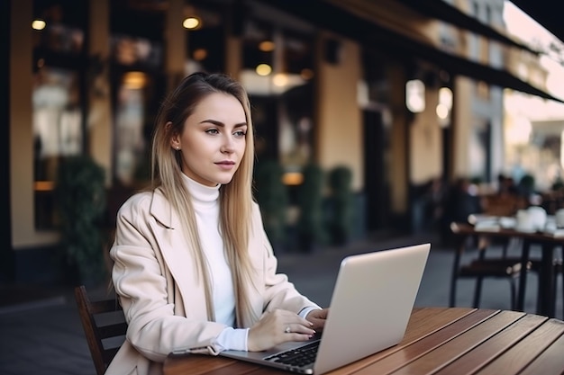 A woman sits at a table in a cafe and works on her laptop.