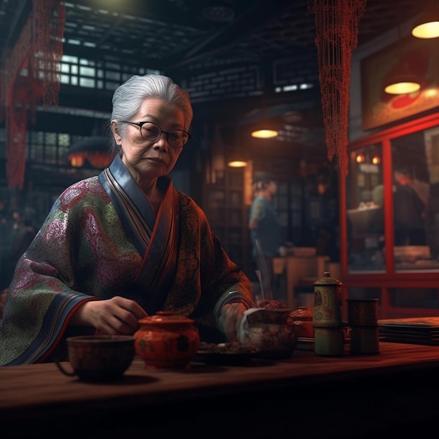 A woman sits at a table in a chinese restaurant.