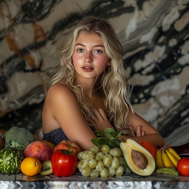 a woman sits behind a table full of fruits and vegetables