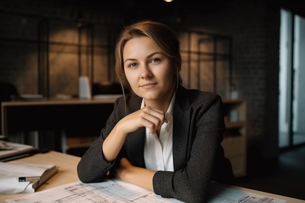 A woman sits at a table in a restaurant with a blueprint on it.