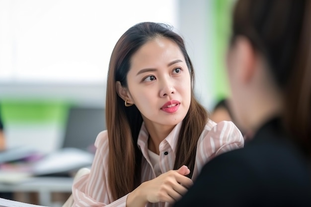 A woman sits at a table and talks to a woman