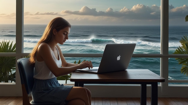 a woman sits at a table with an apple laptop