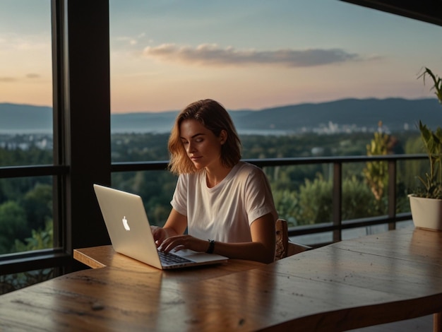 Photo a woman sits at a table with an apple laptop