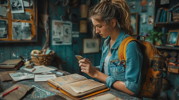 a woman sits at a table with a book and a picture of a girl reading a book