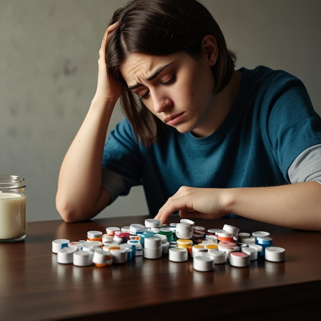 Photo a woman sits at a table with a bottle of pills and a bottle of pills