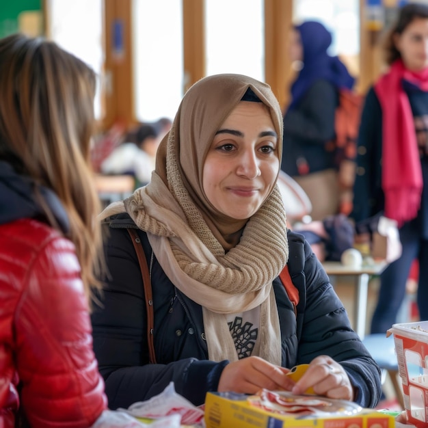 a woman sits at a table with a box of food in front of her