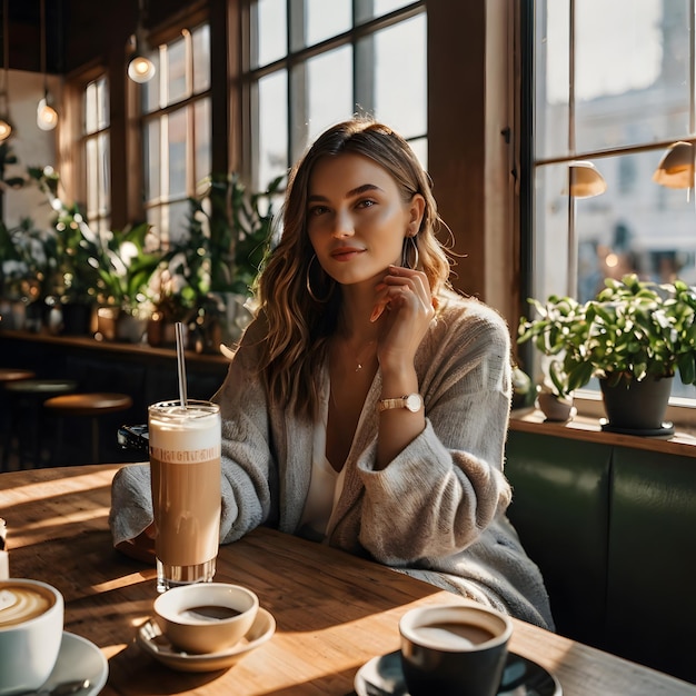 Photo a woman sits at a table with coffee and a lamp