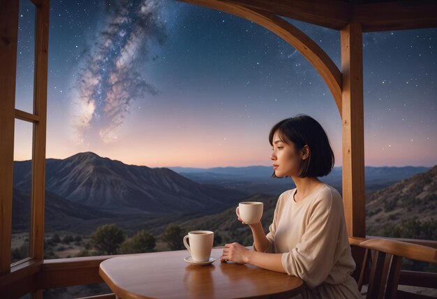 a woman sits at a table with a cup of coffee and a starry sky above her